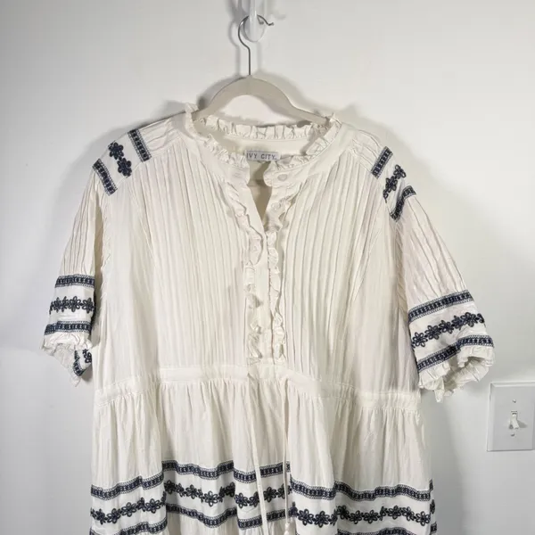 Ivy City Co Santorini White Blue Embroidered Tiered Maxi Dress Boho Womens 2x? - Image 3