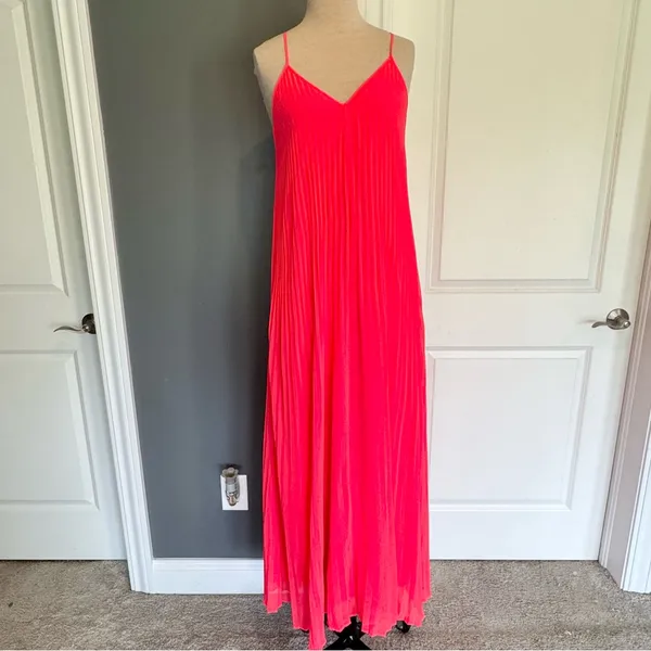 Victoria's Secret knife-pleat Maxi Dress, Neon Pink/Coral, Women's Size Medium - Image 2