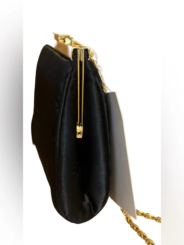 Slg Black And Gold Faux Pearl & Rhinestone Clasp Boxy Evening Bag - Image 9
