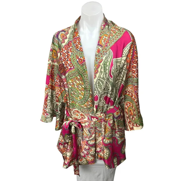 Zara Multicolor Satin Silk Paisley Print Duster Wrap Kimono Caftan Top Jacket - Image 5