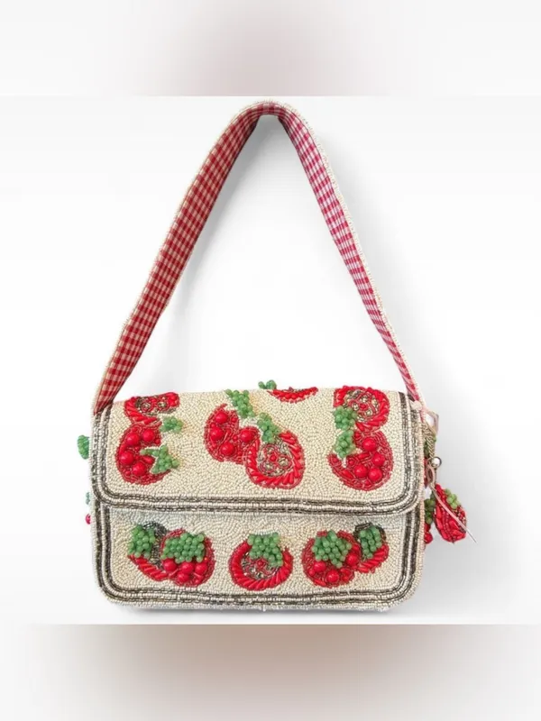 Beaded Cherry Shoulder Bag in Cream and Red - Image 10