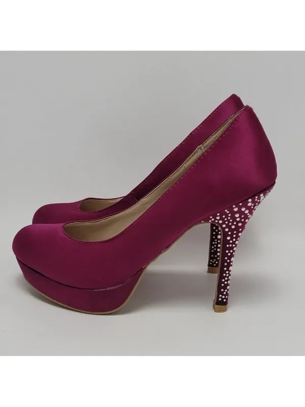 Fusia Pink Rhinestones Heel Satin Pumps Shoes By Olsenboye Size 7 - Image 11