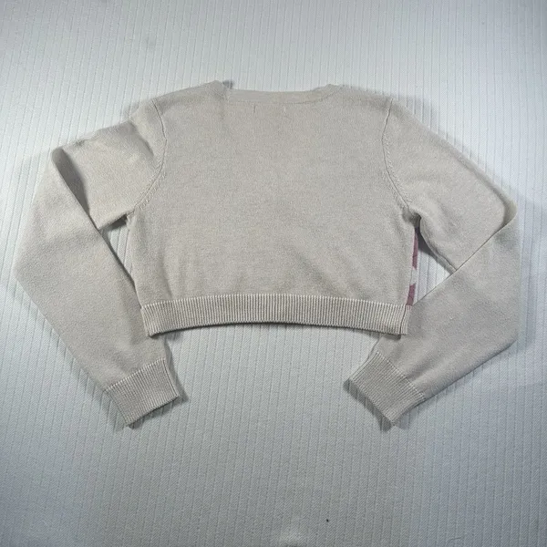 Aeropostale Women’s Large Cropped Cardigan Argyle Pink Beige Button Front Preppy - Image 8