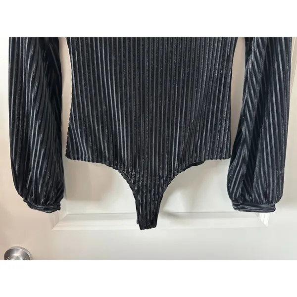 Lulus Black Cat Woman Cutout Padded Velour Striped Going Out Bodysuit Women's Sz - Image 9