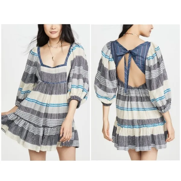 Free People All Lined Up Multi Striped Gauzy Mini Dress Boho Lightweight Blue Sm - Image 2