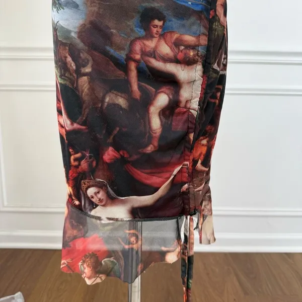 Pretty Little Thing Mesh Bodycon Ruched Mini Dress Renaissance Artwork Print 4 - Image 5