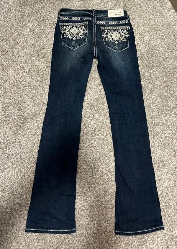GRACE IN LA Mid Rise Medium Wash Aztec Embellished Pocket Bootcut Jeans - Image 2