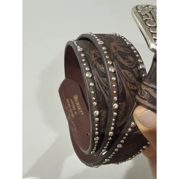ARIAT WOMEN'S TOOLED & STUDDED LEATHER BELT Brown - Image 3