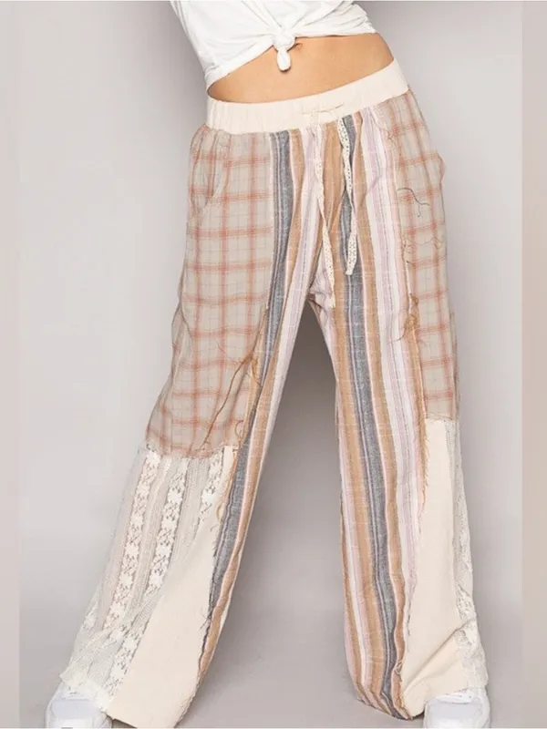POL NEW relaxed fit patchwork cotton pants plaid, stripes, lace detail medium - Image 11