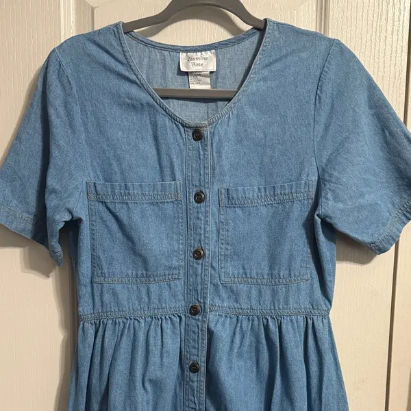Vintage 90s‎ Denim Button Down Midi Dress Cottagecore Minimalist Prairie Western - Image 3