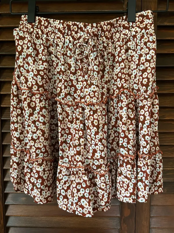 Floral Print Ruffle Tiered Mini Skirt Brown Size M - Image 5