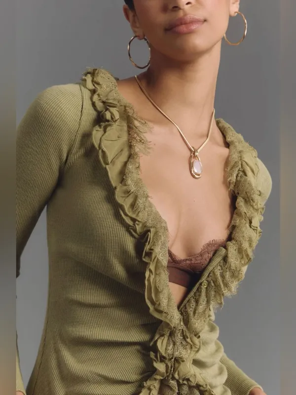 Anthropologie Ruffled and Laced Cardigan Top Sage Green Small - Image 2