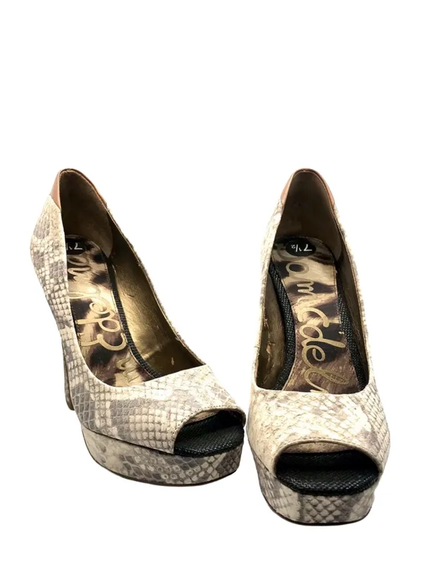 Sam Edelman "Tacoma" Taupe & Brown Leather Snakeskin Print Peep-Toe Heels - Image 3