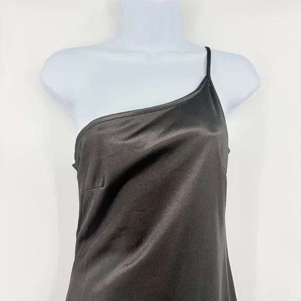 Y2K Black Satin One Shoulder Midi Dress Sz S Going Out Club 90s Sleek Wedding - Image 3