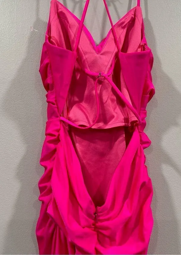29020 Strappy Back Bodycon Maxi Gown Dress Neon Pink Size 6 - Image 5