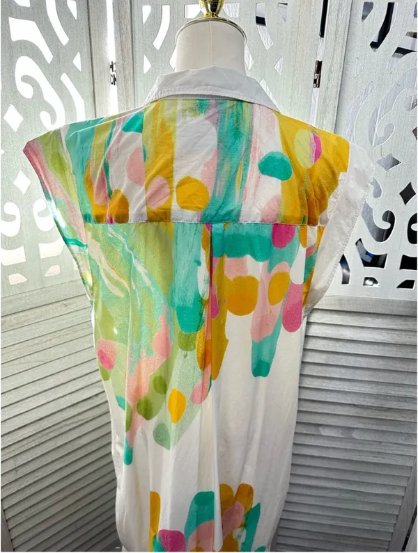 Maeve Sleeveless White Button-Front Dress with Multicolor Watercolor Print size Large - Image 8