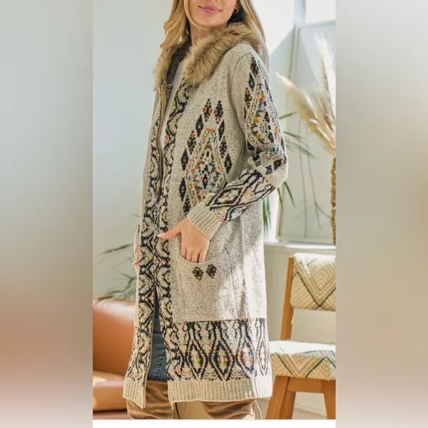 Northern angle ON BLUE AZTEC LONG CARDIGAN fur hooded SWEATER WESTERN BOHO.SZ L - Image 3