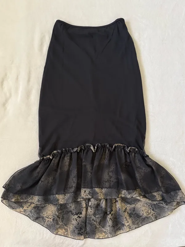 Whimsy Goth Black Mesh Midi Skirt Fairy-Grunge Romantic Floral Ruffle Y2K Sheer - Image 2