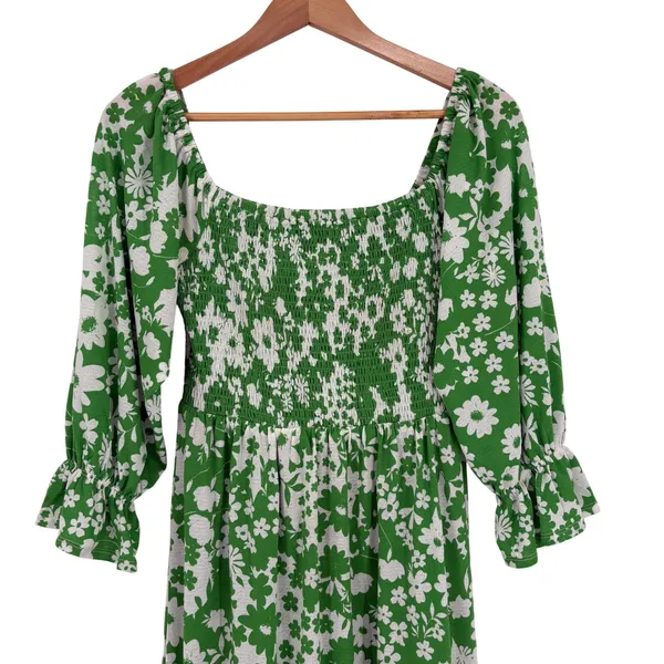 Sugar‎ + Lips Green Floral Smocked Midi Dress Small Cottagecore Boho Romantic - Image 4
