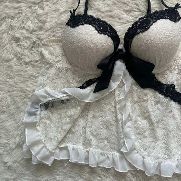 Linea Donatella Babydoll Chemise Lingerie Sleepwear Top Sheer Lace White Sz L - Image 3
