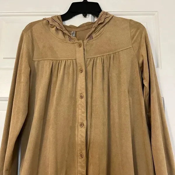 Monoreno Boho Hooded Ruffle & Crochet Dress Size Small - Image 3