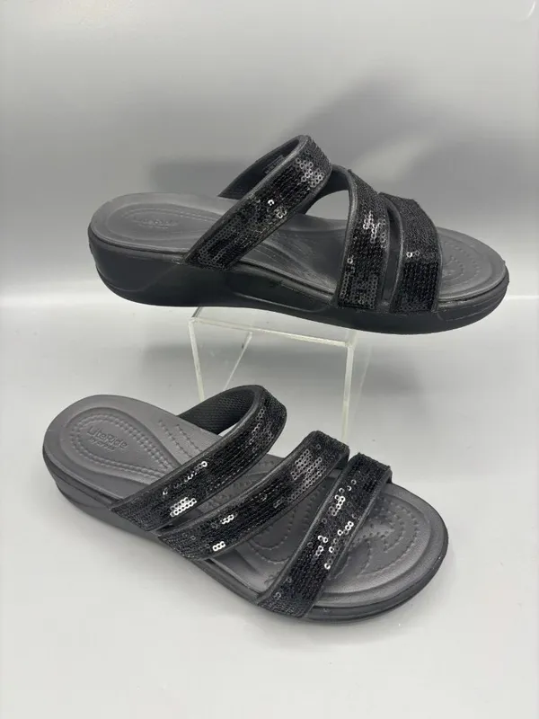 Crocs Boca Strappy Wedge Sandal Womens Black 6 Sequin Slip On Open Toe Comfort - Image 2