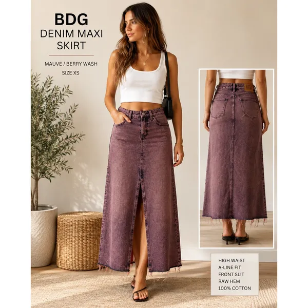 BDG Denim Maxi Skirt Mauve Berry Wash High Waist Front Slit Raw Hem XS - Image 2