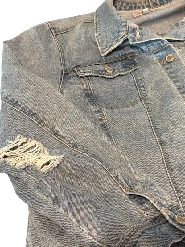 Haute Hippie Tribe Distressed Light Wash Denim Jean Jacket Silver Tone Sz 3X - Image 3