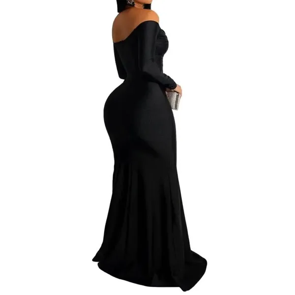 Women’s Black Long Sleeve Off the Shoulder BodyCon Dress Long Leg Slit Size L - Image 10