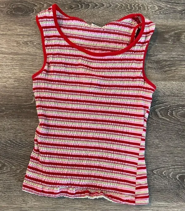 Bonkers Y2k vintage rainbow striped smocked red multicolor crop tank top small - Image 5