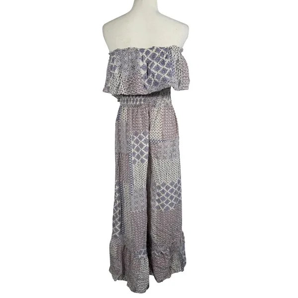 ILLA ILLA Patchwork Jumpsuit Womens L Blue Boho Off Shoulder Wide Leg Rayon - Image 4