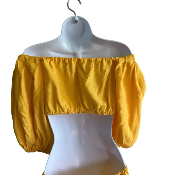 FARM RIO Midriff Dress Size S Yellow Puff Sleeve Off Shoulder Knotted Boho - Image 10