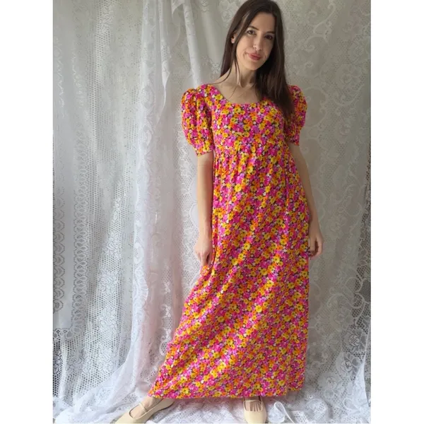 Vintage 70s Handmade Floral Puff Sleeve Maxi Dress Empire Waist Cottagecore - Image 5
