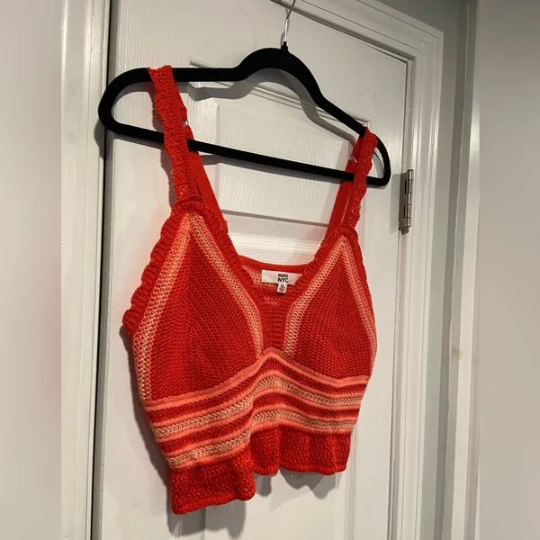 Steve Madden NWT Madden NYC Size XL Orange Coral Stripe Crochet Crop Top V Neck Adjustable - Image 5