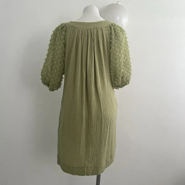 NEW Umgee Olive Green Swiss Dot Mini Dress Puff Sleeve MEDIUM Boho - Image 12