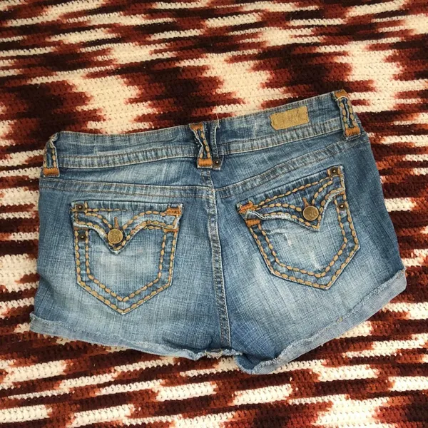 Y2K 2000s Micro Mini Baddie Low Rise Denim Jean Shorts Bedazzled Khaki Brown Stitching Ripped Distressing Cuffed Hem-Size 29 #wings #gothic #whimsygoth #cross #angel cyber punk biker - Image 2