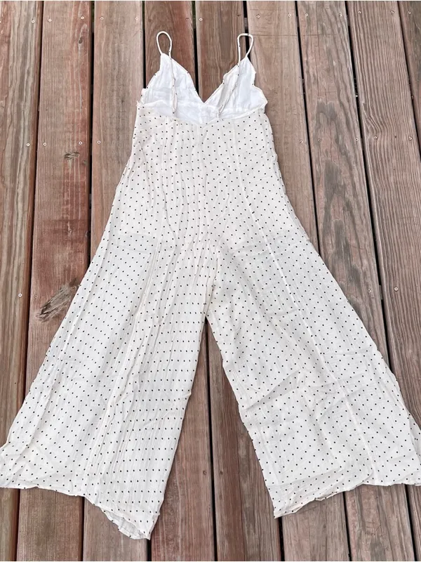 Reset by Jane Ivory Black Polka Dot Cotton blend jumpsuit Strappy Wide Leg Lined - Image 4