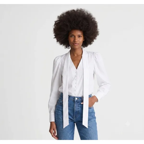 Madewell Top Womens XS White V Neck Puff Sleeve Blouse Tie Button‎ Cotton NY535 - Image 2