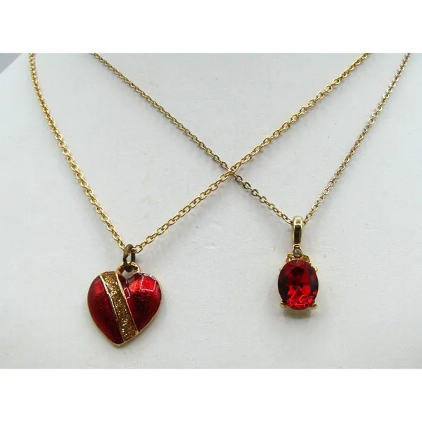 Two Necklaces Enamel Red Heart and Rhinestone Red Solitaire Gold Tone Valentines - Image 2
