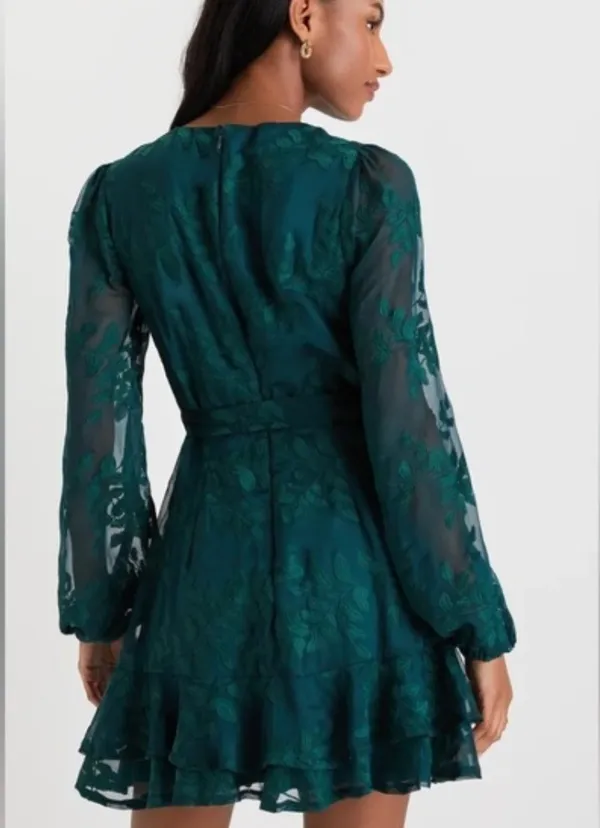 Lulus Green Leaf Embroidered Long Sleeve Tiered Mini Dress M - Image 2