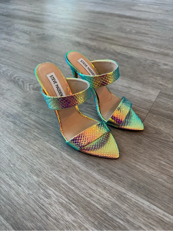 New Steve Madden Iridescent Multi-Color Snake-Embossed High Heel Mules, Size 6 - Image 2