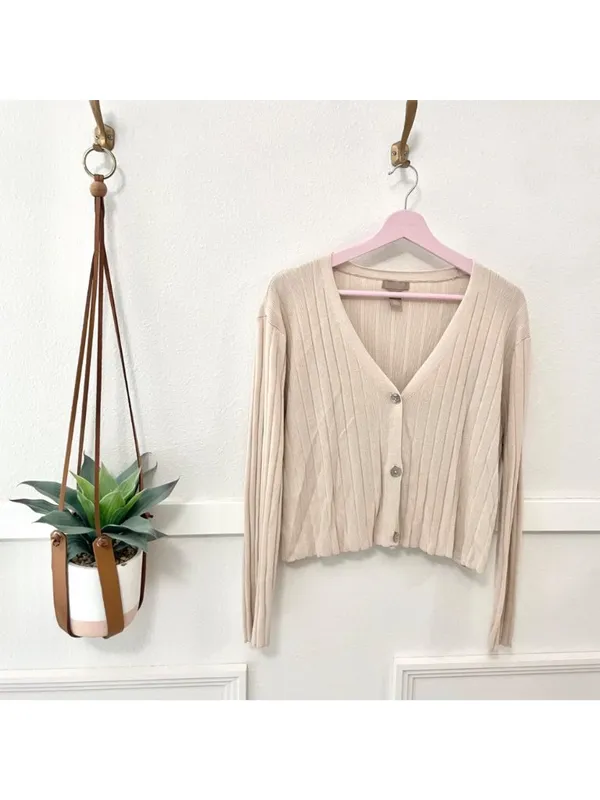 H&M Rib Knit Tan Cardigan Size M Long Sleeve Relaxed - Image 2