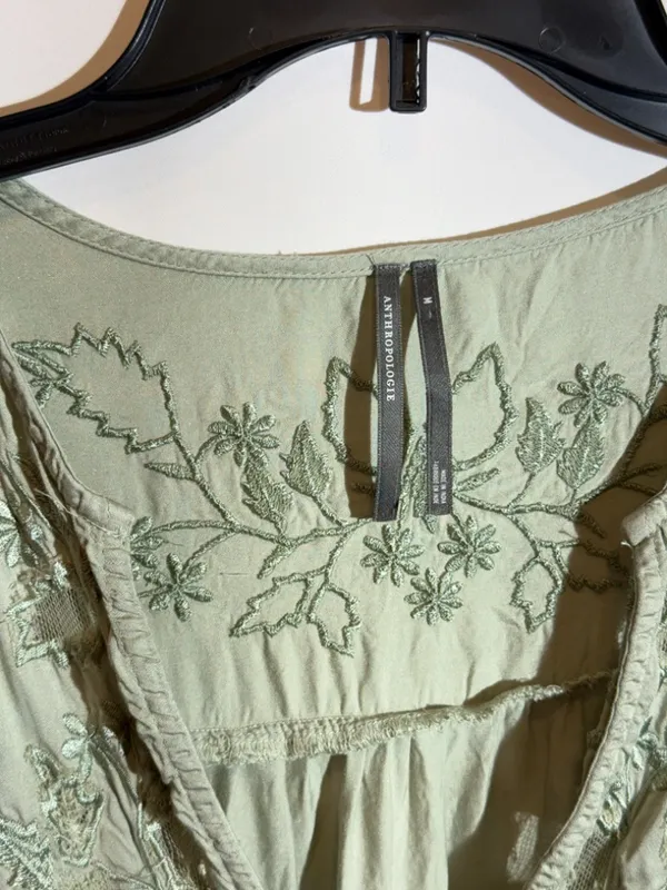 Anthropologie Blue Floral Embroidered Lace V Neck Peplum Blouse Size M - Image 5