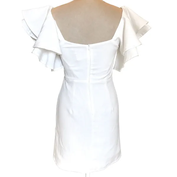 TCEC White Ruffle Flutter Sleeve Mini Dress S Square Neck Cocktail Minimalist - Image 2