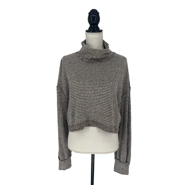 Free People BK Thermal Turtleneck Cropped Top Wine Red White‎ L - Image 2