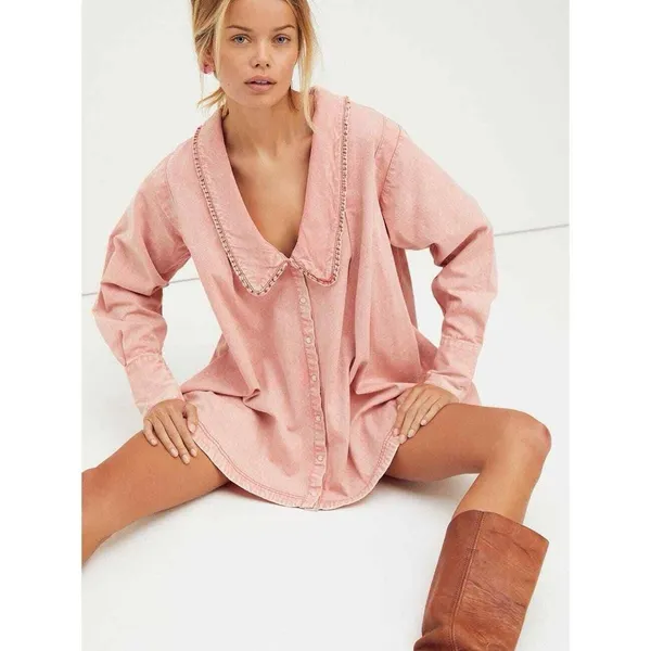 NWOT FREE PEOPLE Charlie Denim Button-Down Shirt Rose XS EXTRA SMALL - Image 2