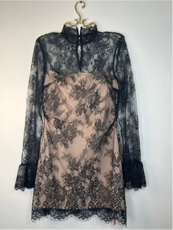 Cider Black Lace Stand Collar Long Sleeve Straight Mini Dress Size 10 - Image 12