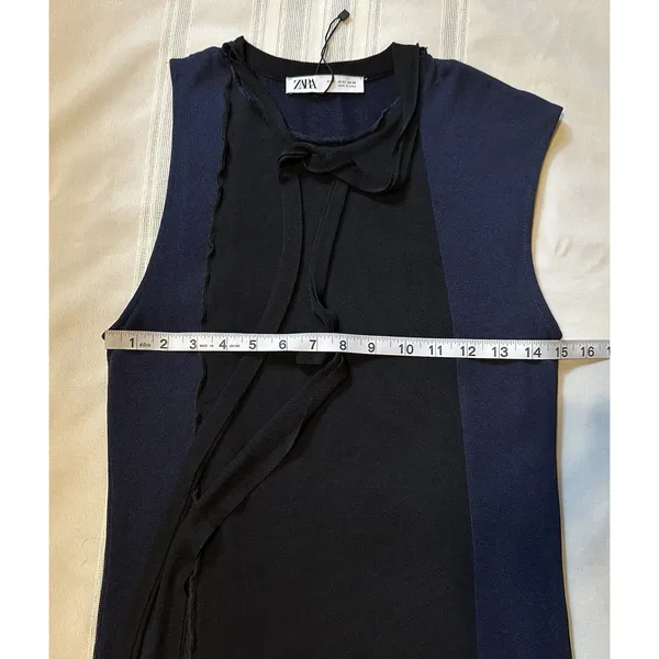 Zara Knit Asymmetrical Combination Color Block Midi Dress Black/Navy Blue Sz S - Image 9