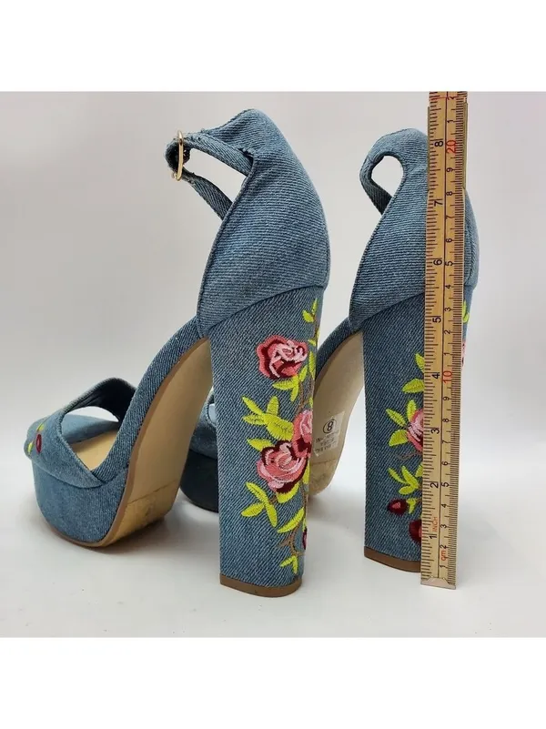 Heart in D Blue Denim Floral Embroidered Platform Heels Sandals Size 8 - Image 4