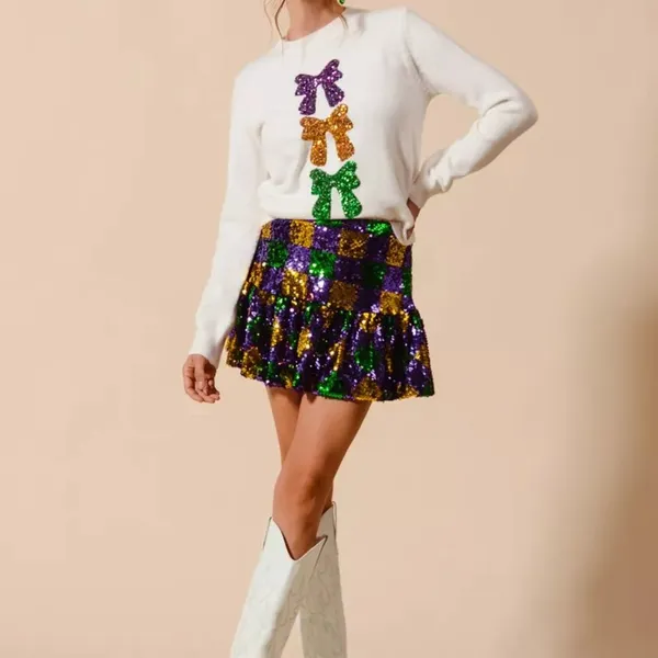 SO‎ ME Mardi Gras Checker Sequins Mini Skirt Size L - Image 6